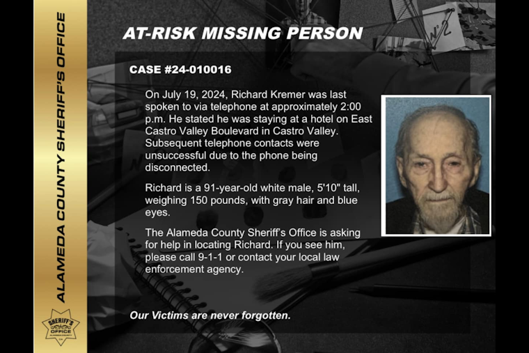 Alameda County Sheriff's Office Enlists Community in Urgent Search for Missing Castro Valley Nonagenarian Richard Kremer