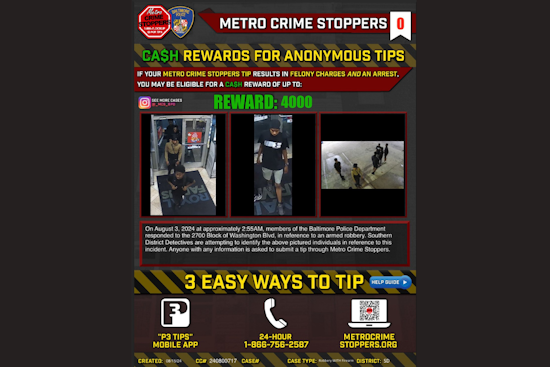 Baltimore Police Seek Public's Aid in Identifying Suspects in Washington Boulevard Armed Robbery