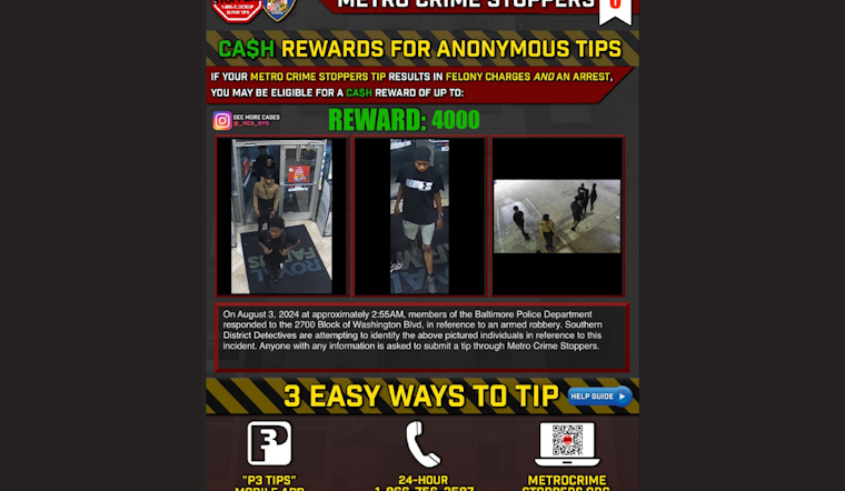 Baltimore Police Seek Public's Aid in Identifying Suspects in Washington Boulevard Armed Robbery
