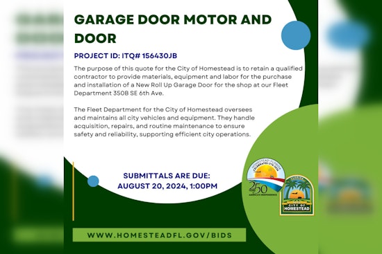 City of Homestead Seeks Contractors for Vital Fleet Department Garage Door Upgrade, Bids Due by August 20