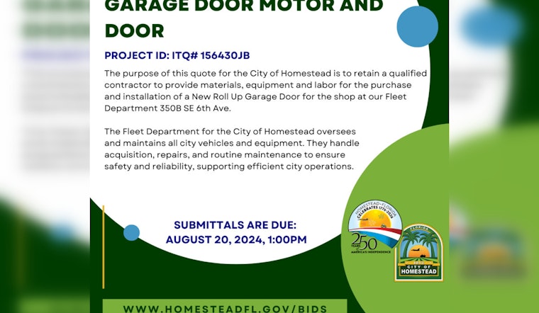 City of Homestead Seeks Contractors for Vital Fleet Department Garage Door Upgrade, Bids Due by August 20