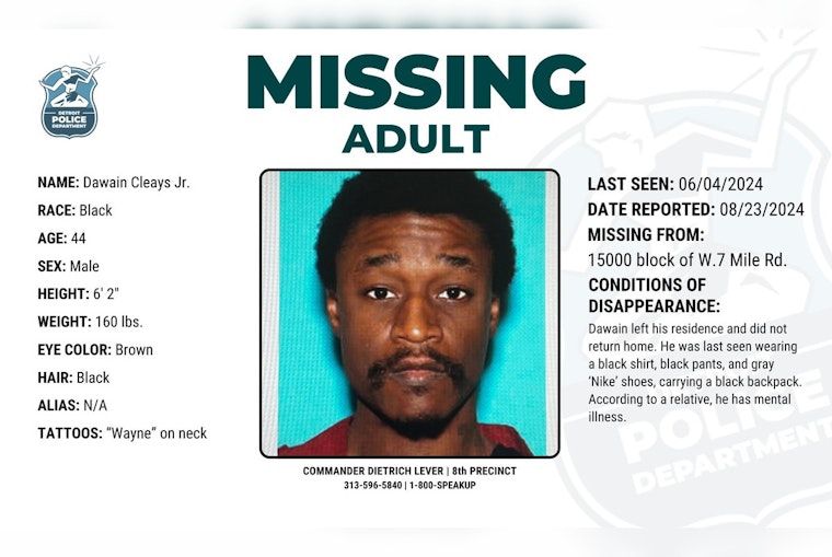 Detroit Police Seek Public's Assistance in Locating Missing 44-Year-Old Man, Dawain Cleays Jr.