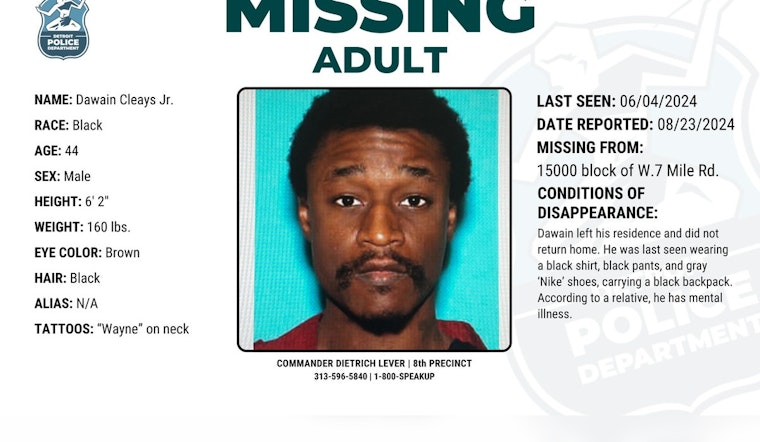 Detroit Police Seek Public's Assistance in Locating Missing 44-Year-Old Man, Dawain Cleays Jr.