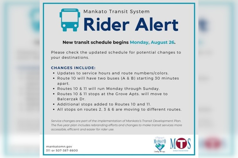 Mankato Transit System Announces Schedule Changes Effective August 26