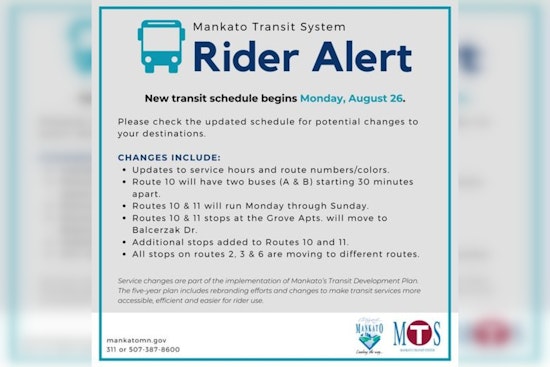 Mankato Transit System Announces Schedule Changes Effective August 26