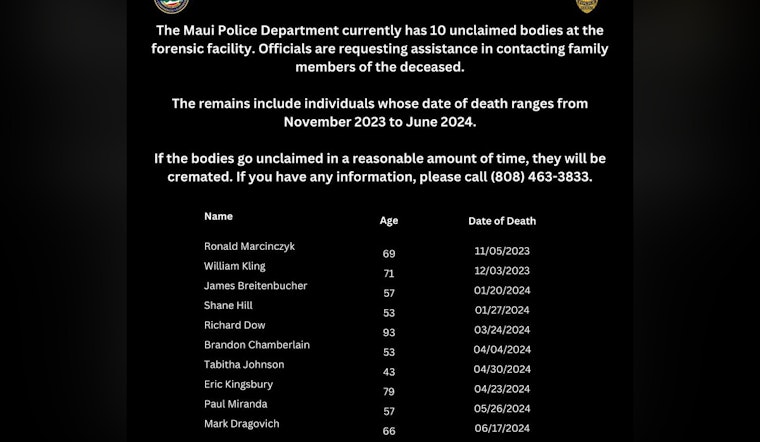 Maui Police Seek Community Help to Find Families of 10 Unclaimed Individuals