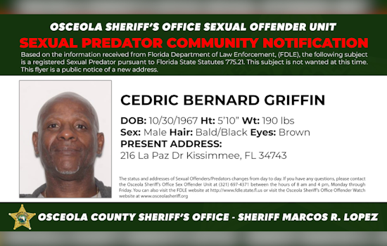 Osceola County Sheriff Alerts Kissimmee Residents of Registered Sexual Predator's Presence