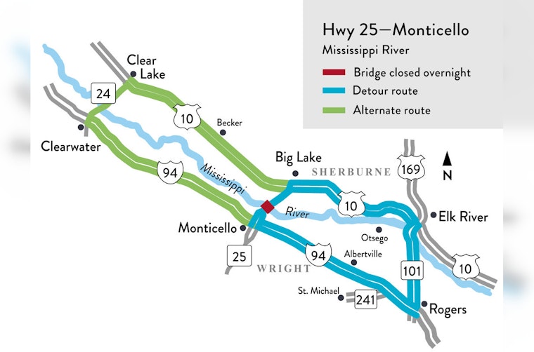 Overnight Bridge Closures on Hwy 25 in Monticello for Bridge Repairs, MnDOT Advises Detours via Hwy 101 and Hwy 24