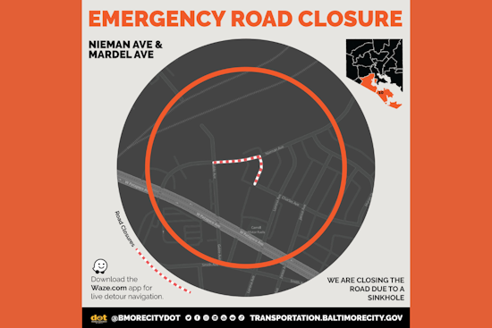 Baltimore Commuters Rerouted After Sinkhole Appears at Mardel and Nieman Avenue