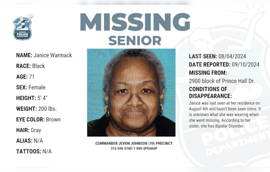Detroit Police Seek Public Help to Locate Missing 71-Year-Old Woman with Bipolar Disorder