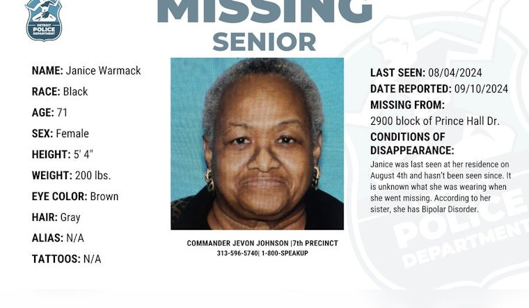 Detroit Police Seek Public Help to Locate Missing 71-Year-Old Woman with Bipolar Disorder