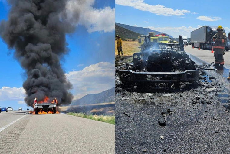 Driver and Passenger Unharmed as Truck Engulfs in Flames on I-15 in Southern Utah, Sparking Grass Fire