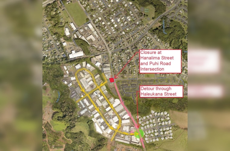 Extended Detour Alert, Hanalima Street Closure in Puhi Continues Through October Due to Supply Issues and Weather Delays