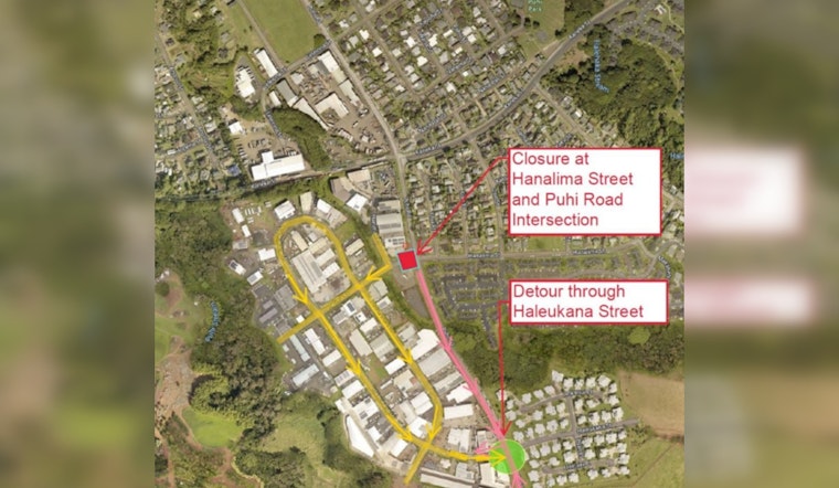Extended Detour Alert, Hanalima Street Closure in Puhi Continues Through October Due to Supply Issues and Weather Delays