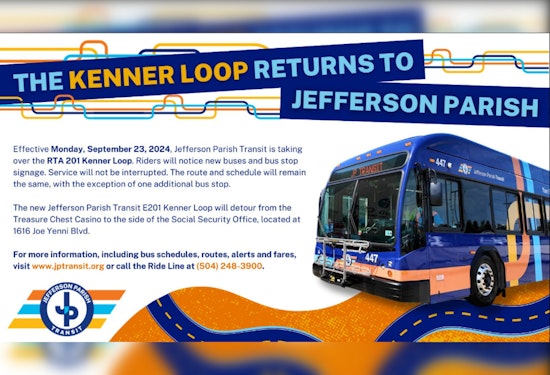 Jefferson Parish Transit Takes Over Kenner Loop, Lowers Fares, and Adds New Bus Stop for Enhanced Commuter Service