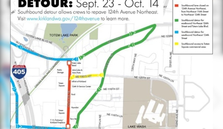 Kirkland Road Closure Alert, 124th Avenue NE Southbound Lane Shut Down for Totem Lake Revitalizations