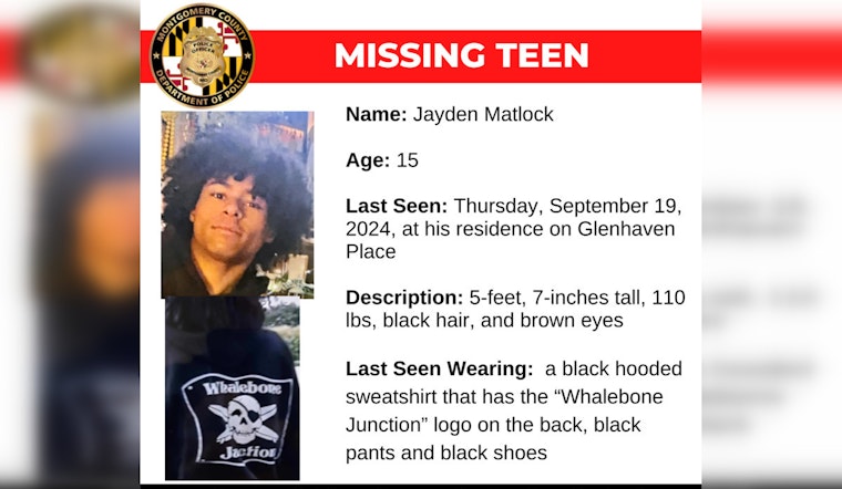 Montgomery County Police Seek Public's Help in Search for Missing Teen Jayden Matlock