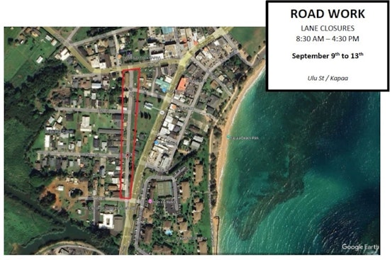 Scheduled Ulu Street Lane Closure for Road Resurfacing in Kapa‘a from Sept. 9-13