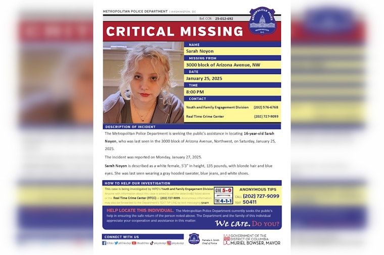 DC Police Issue Critical Alert for Missing Teenager Sarah Noyon in Northwest Washington