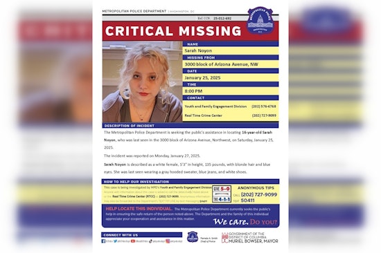 DC Police Issue Critical Alert for Missing Teenager Sarah Noyon in Northwest Washington