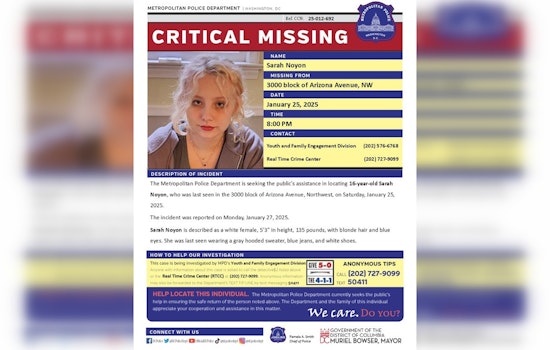 DC Police Issue Critical Alert for Missing Teenager Sarah Noyon in Northwest Washington