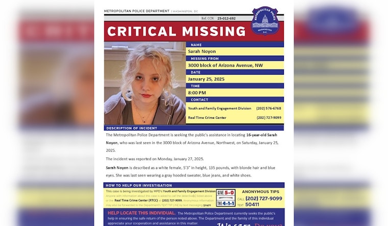 DC Police Issue Critical Alert for Missing Teenager Sarah Noyon in Northwest Washington