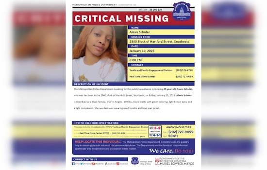 DC Police Seek Public's Help in Locating Missing Woman, Alexis Schuler Last Seen on Hartford Street SE