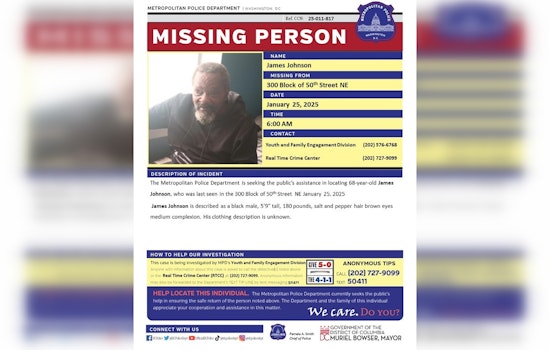 DC Police Seek Public's Help to Locate Missing 68-Year-Old Man in Northeast District
