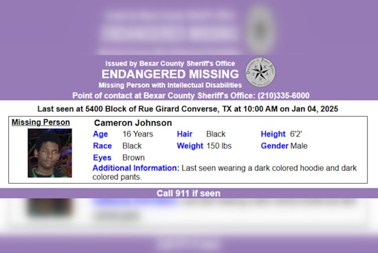 Endangered Missing Person Alert for Teen Cameron Johnson Discontinued in Bexar County