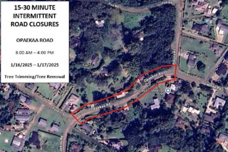 Kauai Traffic Alert Opaekaa Road to Close Lanes and Cause Delays for Tree Trimming Jan. 16-17