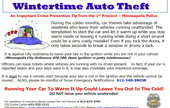Minneapolis Police Recover Stolen Vehicle, Issue Anti-Theft Tips to Residents
