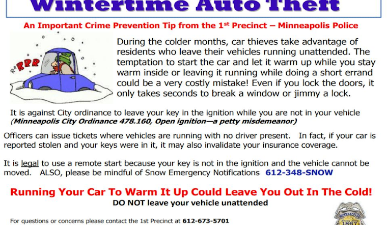 Minneapolis Police Recover Stolen Vehicle, Issue Anti-Theft Tips to Residents