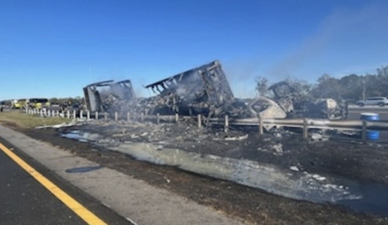 Semi-Truck Carrying Eggs Erupts in Flames on I-75 in Riverview, Causing Extensive Traffic Delays