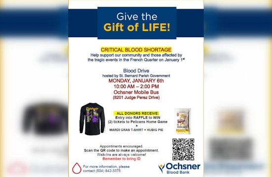 St. Bernard Parish and Ochsner Blood Bank Host Urgent Blood Drive in New Orleans After New Year's Attack
