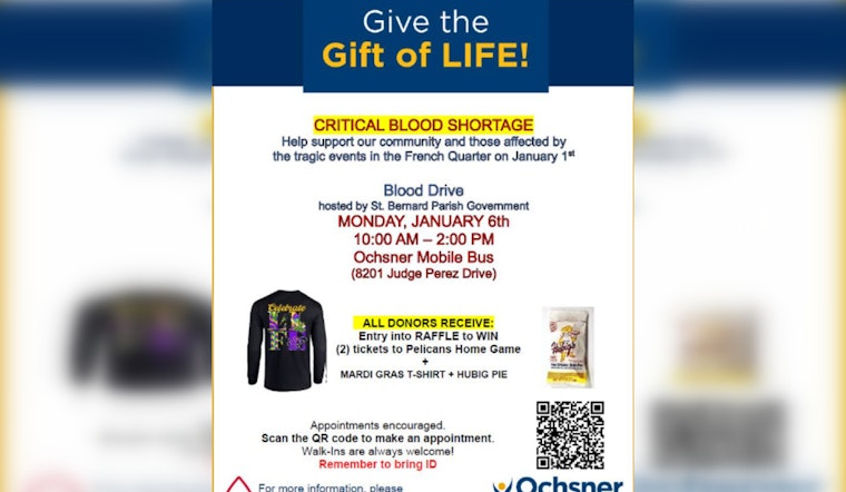 St. Bernard Parish and Ochsner Blood Bank Host Urgent Blood Drive in New Orleans After New Year's Attack