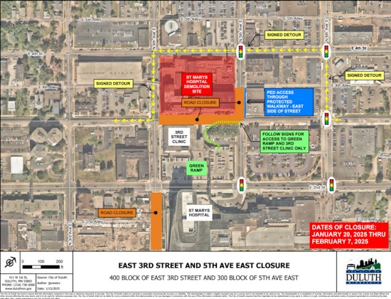 St. Mary's Hospital Demolition Leads to Traffic Reroutes on East Third Street and Fifth Avenue in Duluth