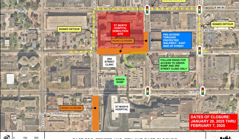 St. Mary's Hospital Demolition Leads to Traffic Reroutes on East Third Street and Fifth Avenue in Duluth