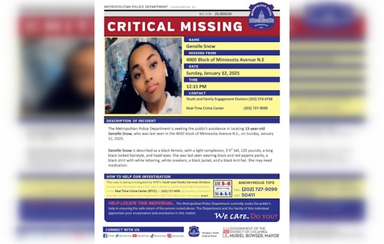 Urgent Alert Issued for Missing 13-Year-Old Genelle Snow in Washington D.C., Public's Help Solicited