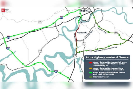 Alcoa Highway Northbound Closure in Knox County Set for Weekend Construction, Alternate Routes Advised