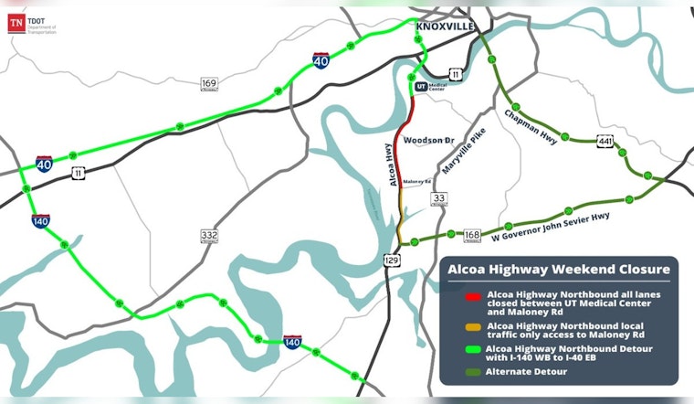 Alcoa Highway Northbound Closure in Knox County Set for Weekend Construction, Alternate Routes Advised