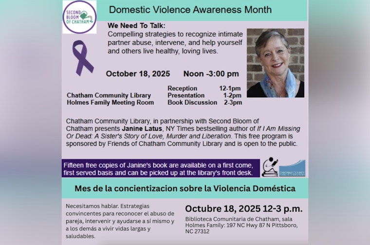 Chatham Community Library Hosts Janine Latus for Domestic Violence Awareness Talk on October 18