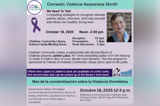 Chatham Community Library Hosts Janine Latus for Domestic Violence Awareness Talk on October 18