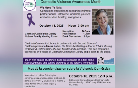 Chatham Community Library Hosts Janine Latus for Domestic Violence Awareness Talk on October 18