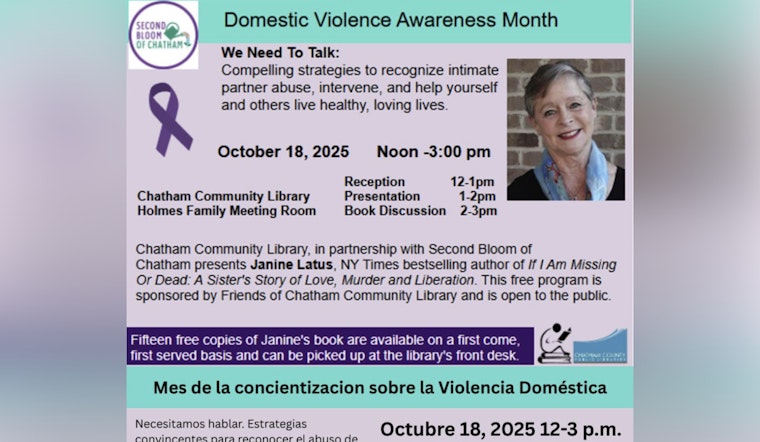 Chatham Community Library Hosts Janine Latus for Domestic Violence Awareness Talk on October 18