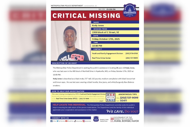 DC Police Issue Critical Alert for Missing 14-Year-Old Kody Jones in Hyattsville, MD; Public Urged to Help