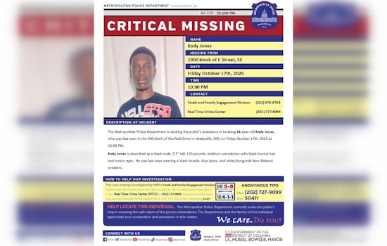 DC Police Issue Critical Alert for Missing 14-Year-Old Kody Jones in Hyattsville, MD; Public Urged to Help
