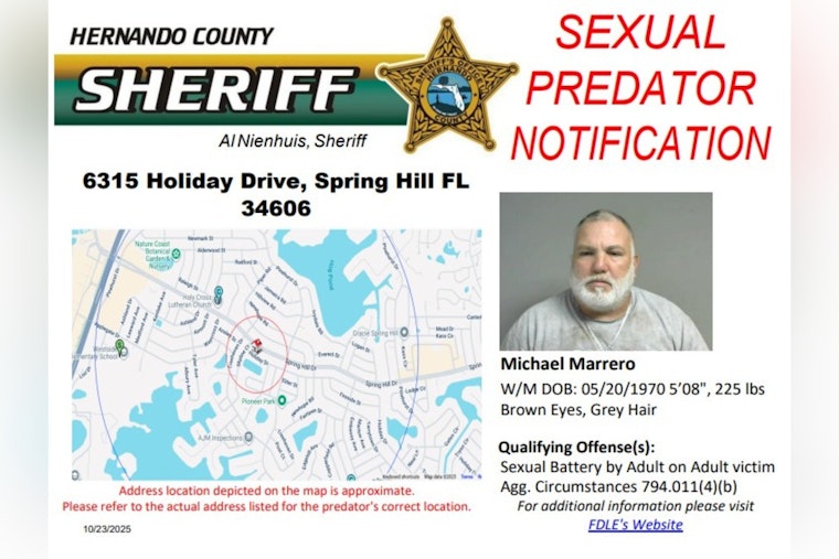 Hernando County Sheriff's Office Alerts Public About Sexual Predator's Address Change