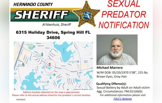 Hernando County Sheriff's Office Alerts Public About Sexual Predator's Address Change