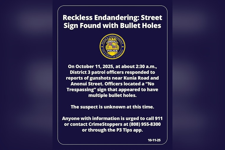Honolulu Police Investigate Reckless Gunfire on Kunia Road as They Seek Public's Help to Identify Perpetrator