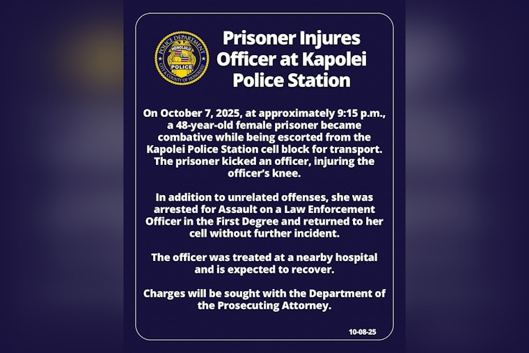 Kapolei Station Officer Injured After Altercation with Detained Woman, New Charges Filed